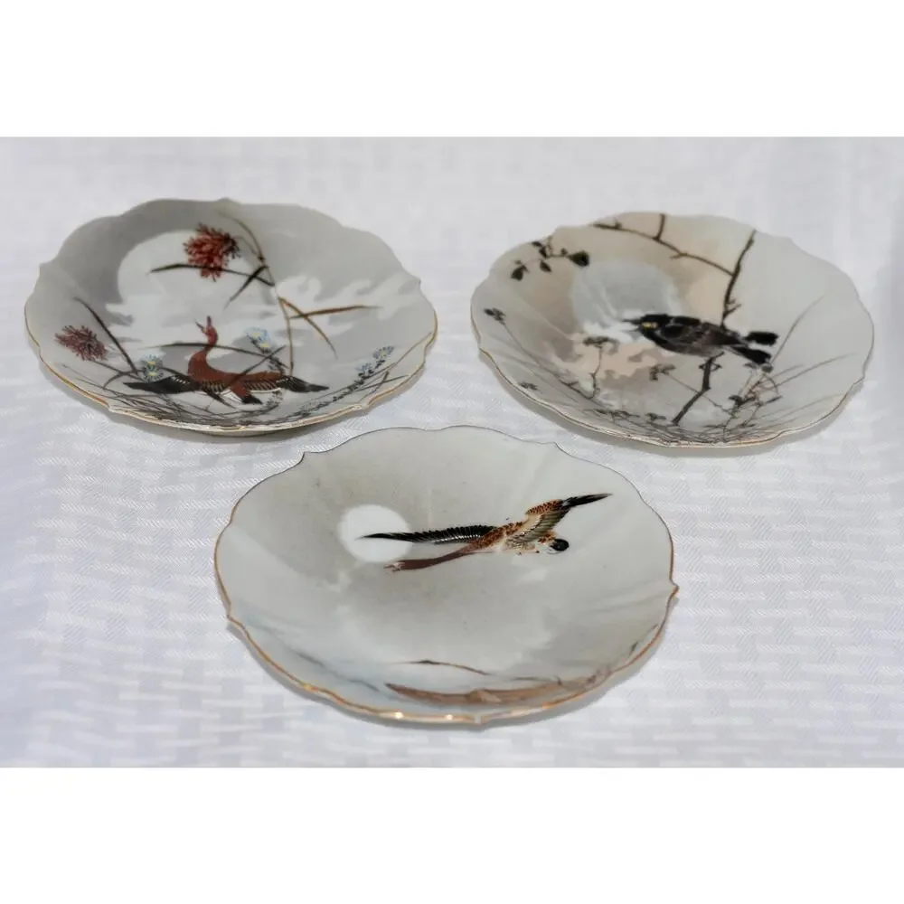 3 - Kutani Japanese Birds Egg Shell Scalloped Porcelain Dessert Plates